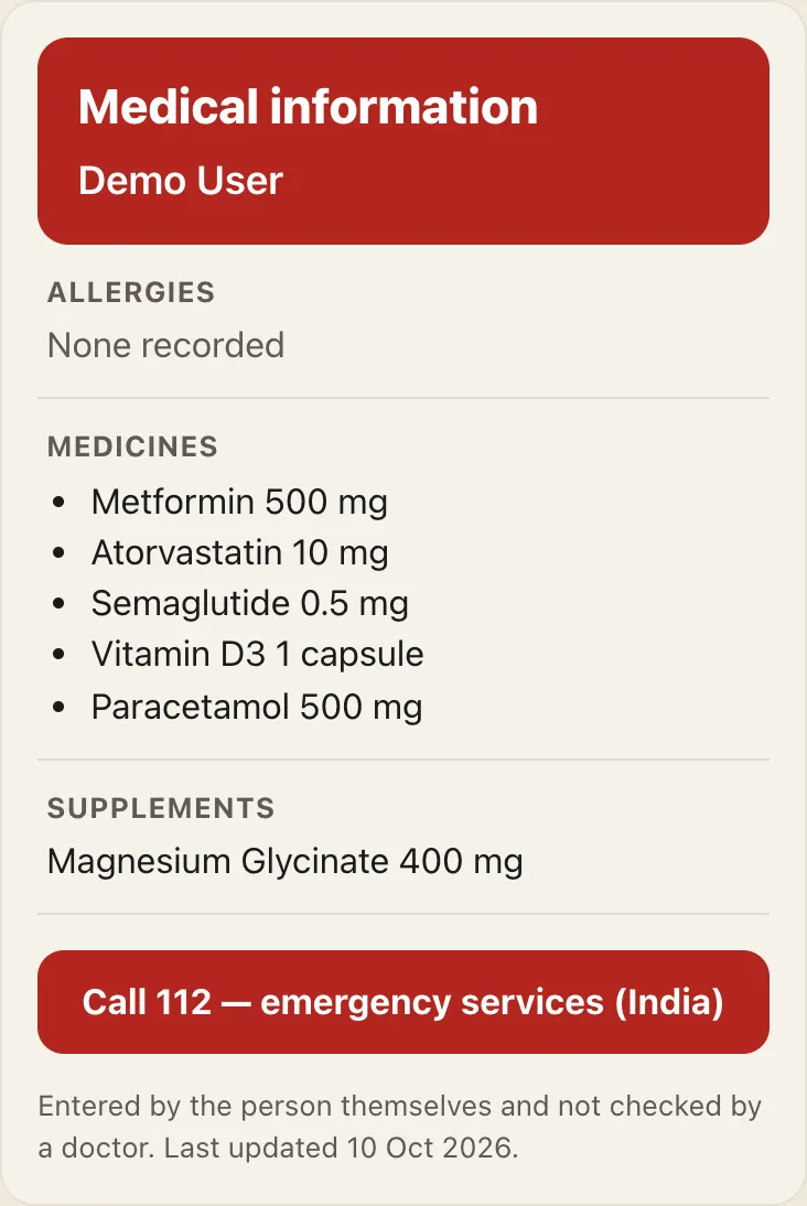 The emergency card a responder sees in the demo: allergies, medicines, supplements and a button to call 112.